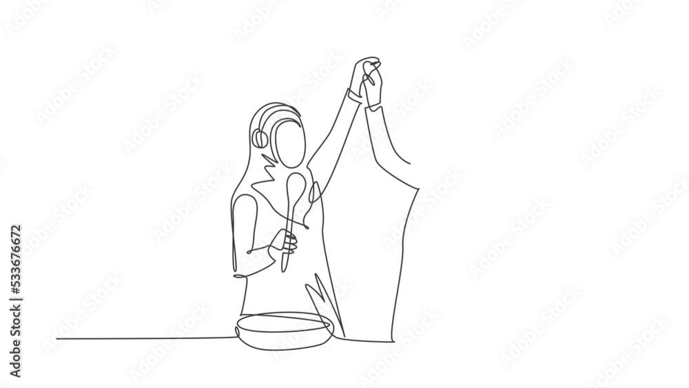 Poster animated self drawing of continuous one line draw two arabian woman smiling and dancing with frying 