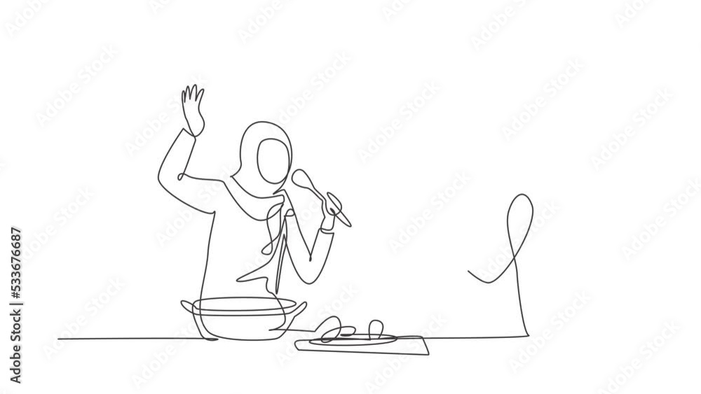 Poster animated self drawing of single continuous line draw two arabian friends cook together and sing with