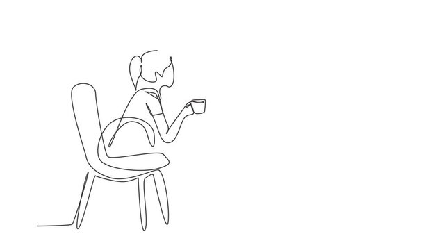 Animated self drawing of single continuous line draw young pretty girl sitting in modern chair, enjoying coffee in front of window at cozy home, side view concept. Full length one line animation