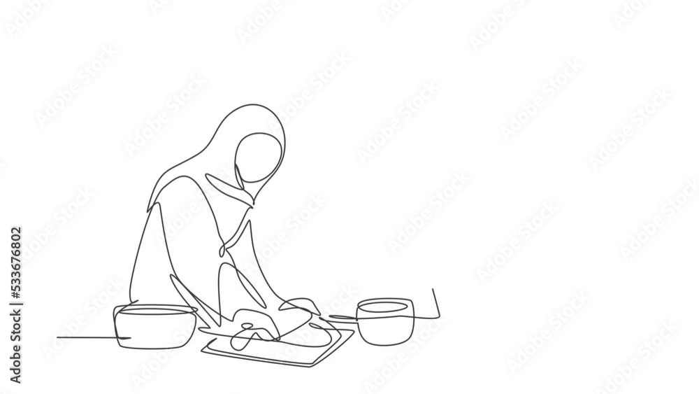Aufkleber animated self drawing of continuous line draw two arabian woman making cookie dough using rolling pi