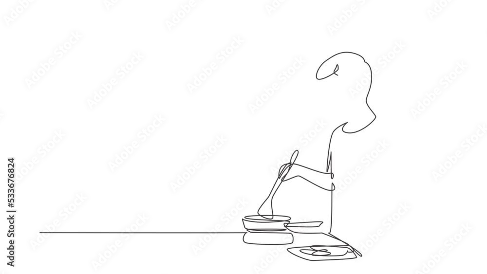 Poster animated self drawing of continuous line draw handsome husband is cooking while looking at tutorial 