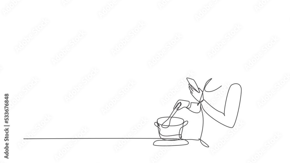 Poster self drawing animation of single line draw wife is cooking while looking at tutorial on smartphone. 