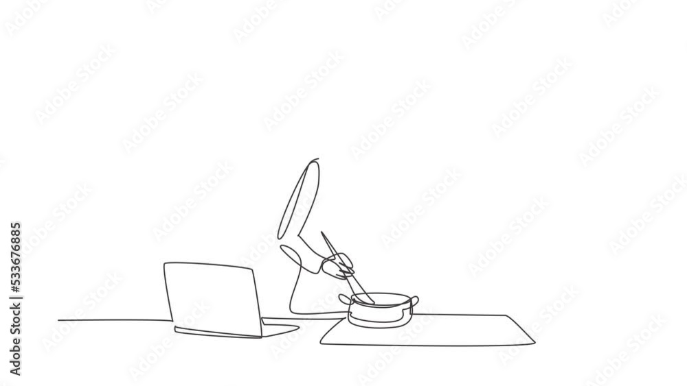 Poster animated self drawing of continuous one line draw woman cooking dinner has video call conversation i
