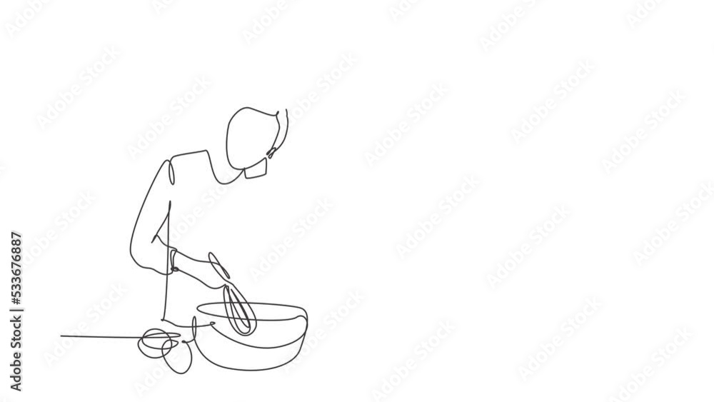 Poster animated self drawing of continuous line draw man talks on smartphone while preparing dinner while s