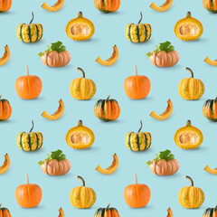Seamless pattern of different pumpkins on blue background. Autumn harvest for Thanksgiving day.
