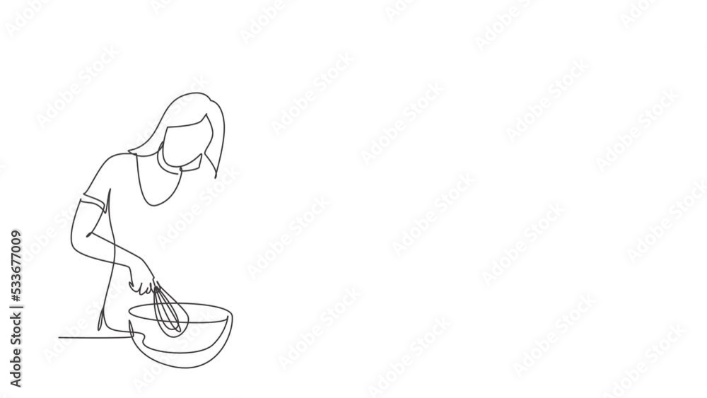 Poster animated self drawing of continuous line draw woman talks on smartphone while preparing dinner while