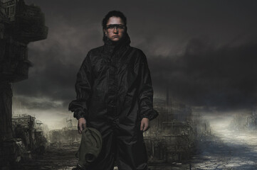 A stalker survivor in protective clothing against the apocalyptic backdrop. Woman in a chemical...