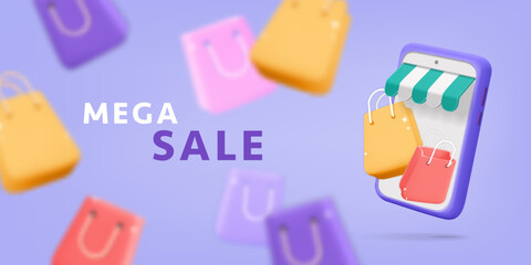 3d vector realistic render mega sale for online shopping banner design. Flying smartphone and gift paper bags fashion sale discount background. Online digital purchase, e-commerce promotion store.