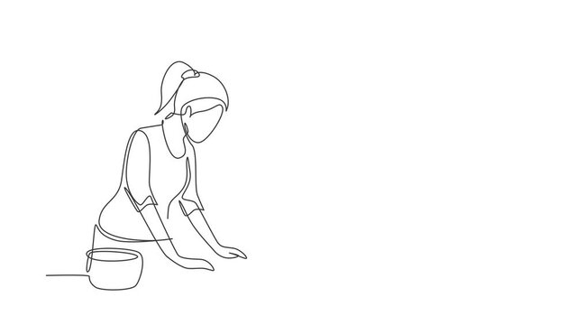 Self drawing animation of single one line draw young woman making cookie dough using rolling pin at kitchen table. Making bakery and homemade pizza at home. Continuous line draw. Full length animated