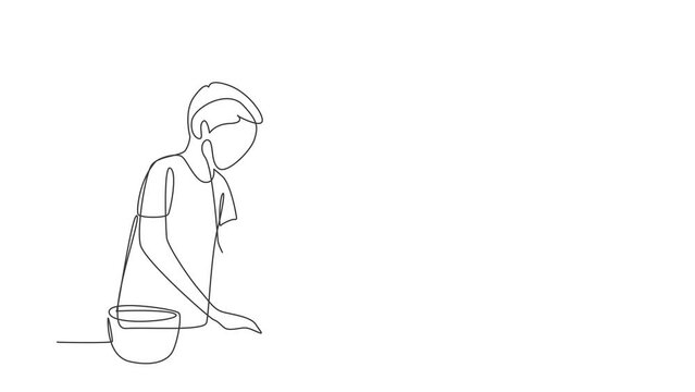 Animated self drawing of single continuous line draw young man making cookie dough using rolling pin at cozy kitchen table. Making bakery and homemade pizza at home. Full length one line animation