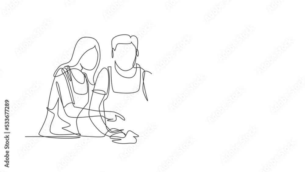 Poster self drawing animation of single line draw happy romantic couple cooking together while watching tut