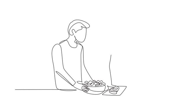 Animated self drawing of continuous line draw beautiful Arab wife feeds her husband food and in front of him is bowl filled with salad. Cooking together in kitchen. Full length one line animation