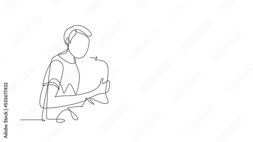 Poster self drawing animation of single one line draw sweet little boy is hugging and kissing his handsome 