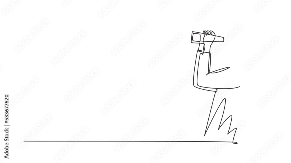 Poster animated self drawing of continuous line draw man looking in distance with binoculars. enjoy beauty 