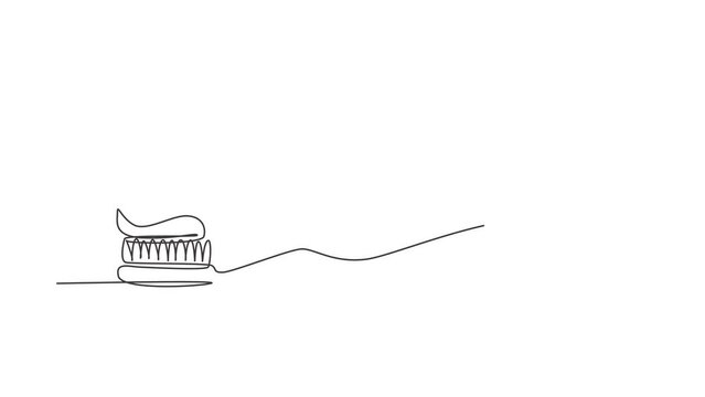 Self drawing animation of single line draw toothbrush with toothpaste. Dental care equipment at home. Brushing teeth. Teeth care concept. Oral care center. Continuous line draw. Full length animated