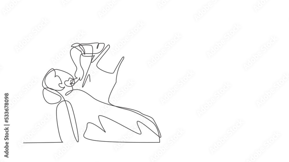 Poster animated self drawing of single continuous line draw hipster client visiting barber shop. sitting on
