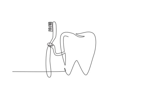Animated self drawing of continuous line draw giant tooth holding toothbrush in one hand and toothpaste in the other. Symbol or logo dental clinic, oral care center. Full length single line animation