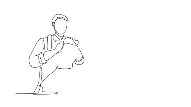 Animated self drawing of continuous line draw classy barber shop hairdresser is turning client`s head to present his work for him. Hairdo looks trendy, so perfect. Full length one line animation