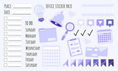 Stickers Set of office elements like a calendar, clock or coffee in flat style. Date, place, to do, days of the week and calendar stickers for notebook, diary, organizer or planner.	