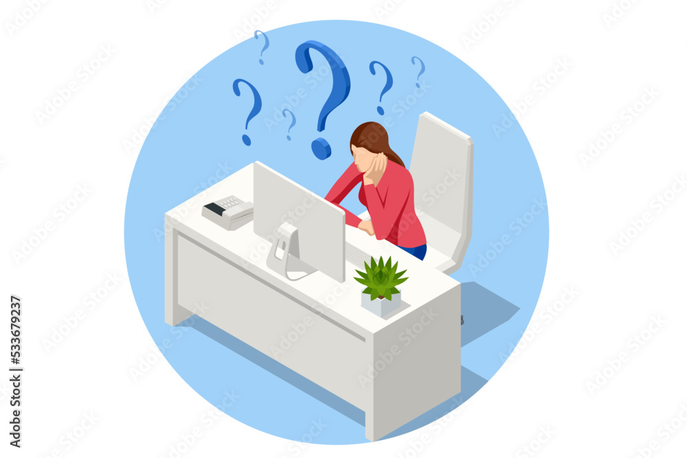 Poster isometric faq frequently asked questions concept. woman ask questions and receive answers. business 