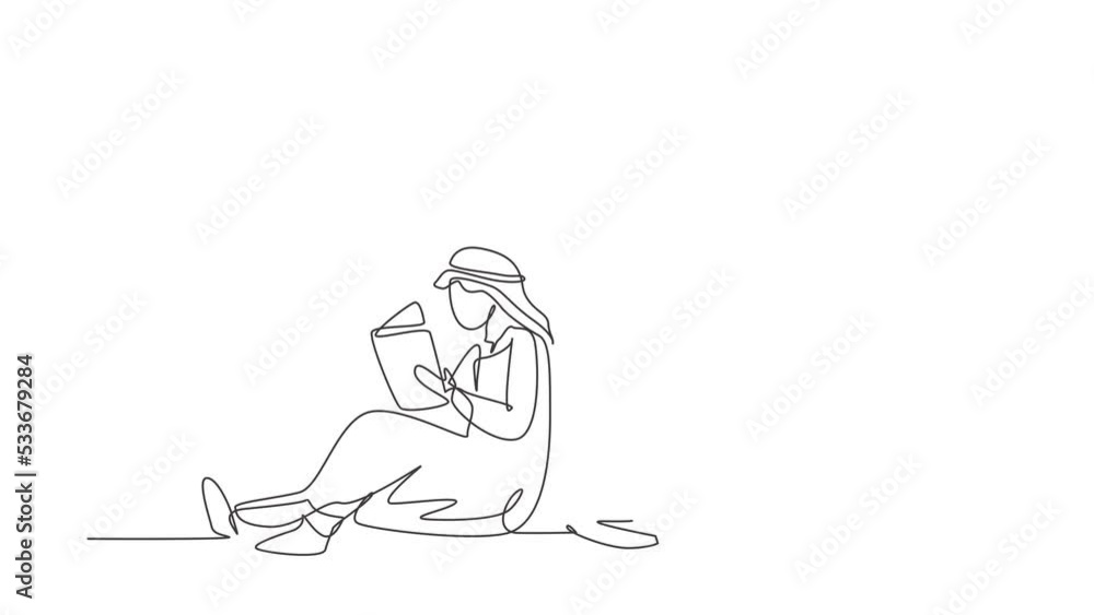 Poster self drawing animation of single line draw students woman and man reading, learning and sitting lean