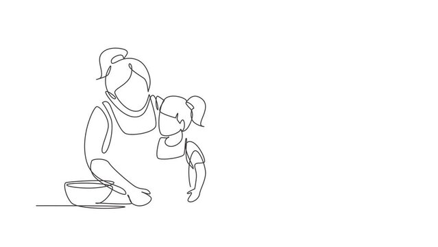 Animated self drawing of continuous line draw beautiful young mom and her cute little daughter are playing and smiling while baking in kitchen at home. Full length one line animation illustration