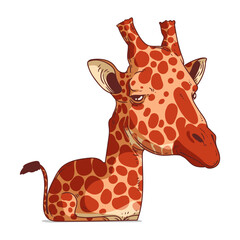 A Thoughtful Giraffe, isolated vector illustration. Funny cartoon picture of a calm giraffe lying. A drawn animal sticker. Simple drawing of a tranquil giraffe on white background. An African animal.