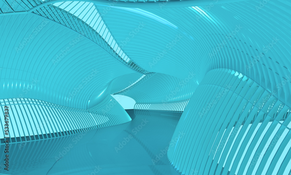 Poster background with parametric architectural curved corridor in green tones