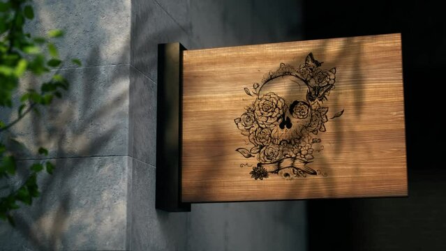 Elegant signboard with a tattoo of a skull, for a salon, with a moving shadow