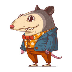 A Hipster Possum, isolated vector illustration. Funny cartoon picture of a smiling trendy dressed opossum. Drawn animal sticker. An anthropomorphic possum on white background. A dressed animal.