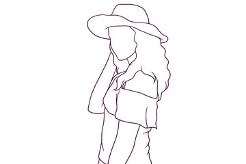 beautiful girl wearing hat hand drawn style vector illustration