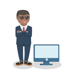 nerd african office standing beside in monitor design character on white background