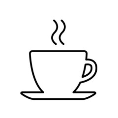Black line silhouette of a cup with a hot drink. Tea or coffee. Lunch break symbol. Icon logo for cafe, coffee shop. Vector black and white isolated illustration