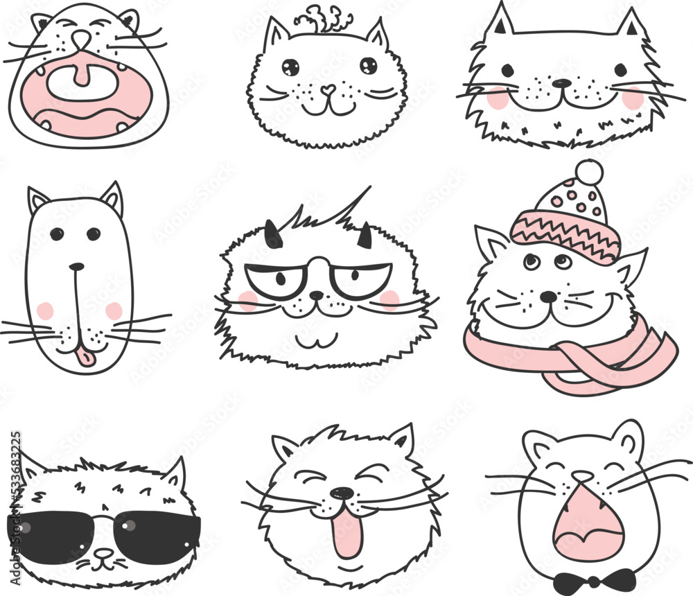 Poster funny cats doodles. set of 9 hand drawn characters in different poses. design elements for print sti