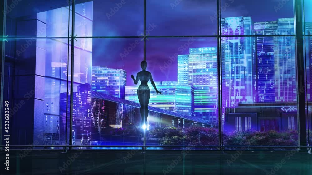 Poster android hovering in the middle of the office, 3d render