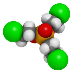 TCEP [tris(2-chloroethyl) phosphate] molecule. Used as flame retardant and plasticizer in production of polymers. Suspected to have toxic effect on reproduction.