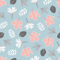 Elegant trendy vector floral seamless pattern design of hibiscus flowers and branches of leaves for textile and printing. Repeat texture background