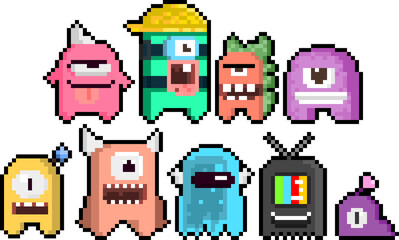 Pixel art set of cartoon funny monster character.