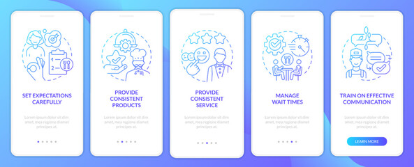 Customer service in food industry blue gradient onboarding mobile app screen. Walkthrough 5 steps graphic instruction with linear concepts. UI, UX, GUI template. Myriad Pro-Bold, Regular fonts used