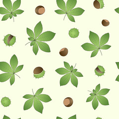 Chestnut seamless pattern. Nuts and green leaves