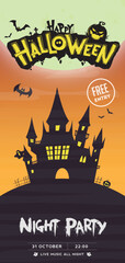 Halloween party flyer with pumpkins, bat, and old scary castle. Vector illustration