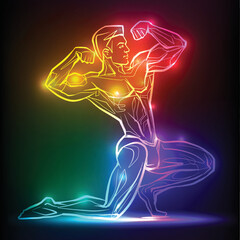 Bodybuilder muscle man fitness posing. Banner with neon silhouette of sexy man figure, beautiful silhouettes, nightclub, striptease, sex shop advertisement, vector illustration - 533683616