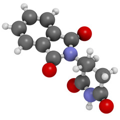 Thalidomide theratogenic drug molecule. Initially used as antiemetic to treat morning sickness in pregnant women but found to cause serious birth defects. Still used in treatment of multiple myeloma.