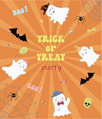 Cute ghosts flying and dancing on the Trick or Treat party. The design with spiders, bats, scull, bone and candies can be used for Halloween poster or card, or banner.