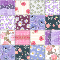 Delicate patchwork pattern of floral and polka dot patches predominantly in purple, pink and blue colors sewn in zigzag stitch. Seamless print for fabric.