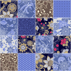 Seamless patchwork pattern in blue and golden brown colors from square patches with an abstract pattern, with flowers and berries, sewn with a zigzag seam.