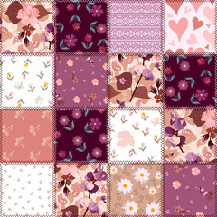 Seamless natural square patchwork pattern with flowers, leaves and paisley in purple, pink and white color scheme. Fashionable summer print for fabric. - 533683887