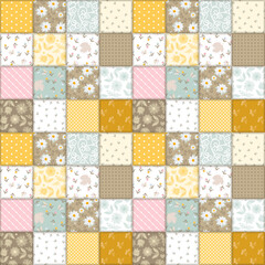 Romantic seamless patchwork pattern of small square patches with flowers, leaves, butterflies, polka dot and checkered ornaments, sewn in a zigzag stitch. Fashionable summer print for fabric. - 533683888