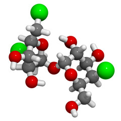 Sucralose artificial sweetener molecule. Used as sugar substitute. 3D rendering.