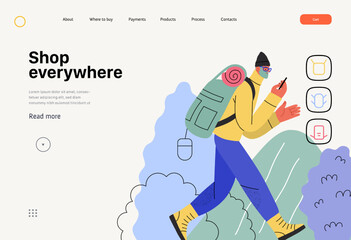 Shop everywhere -electronic commerce web template -modern flat vector concept illustration of man hiking with travel backpack and shopping online. Promotion, discounts, sale and online orders concept